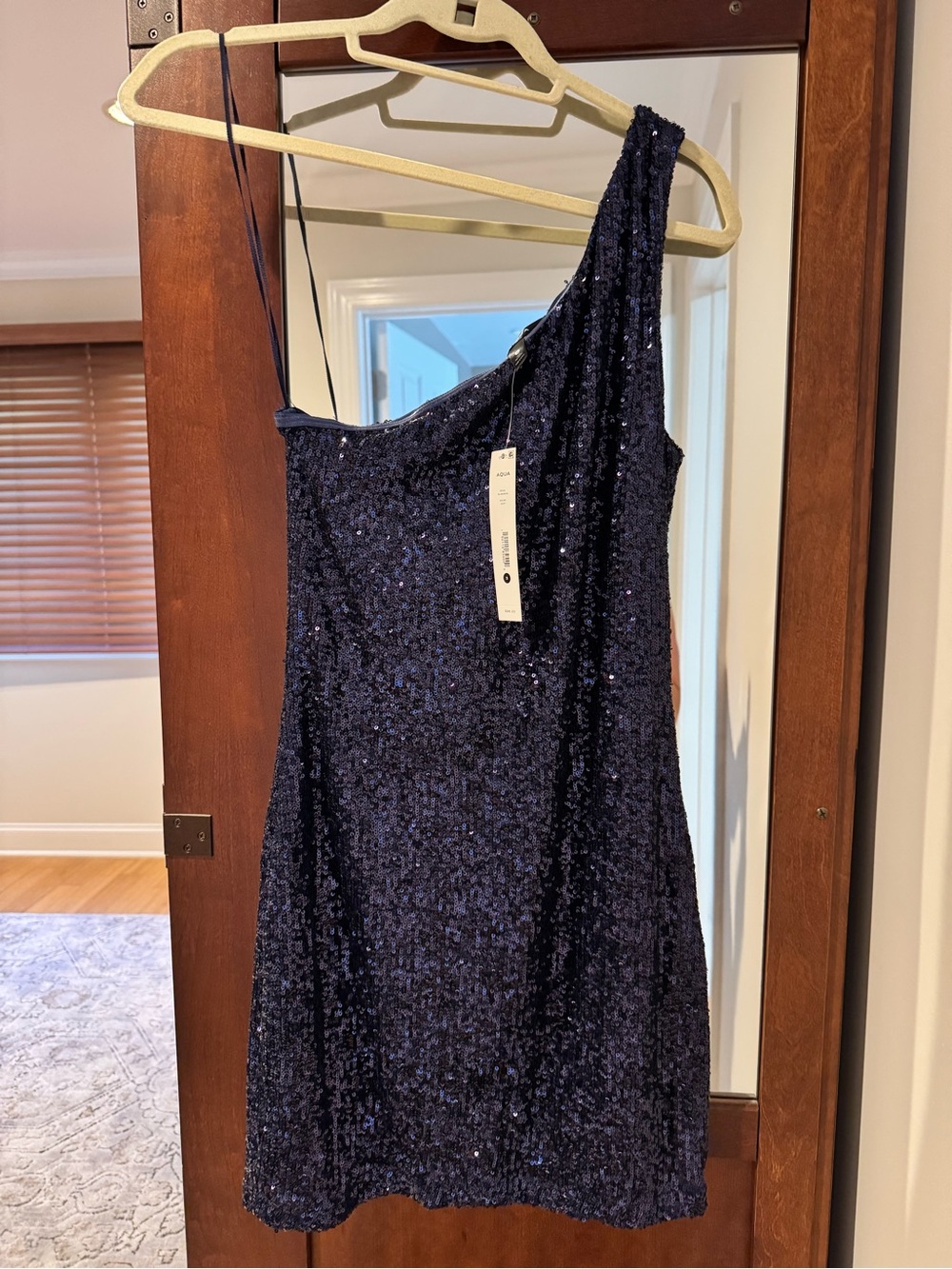 Aqua One-Shoulder Sequin Dress in Navy Blue